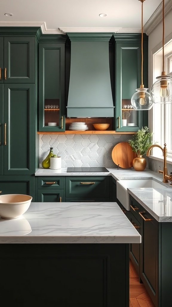 Modern kitchen featuring dark green cabinets, white marble countertops, and warm wood accents.