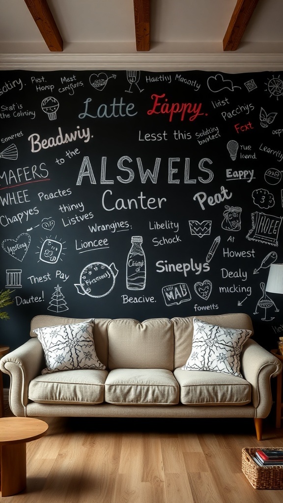 A cozy living room with a chalkboard wall filled with colorful messages and drawings above a beige couch.