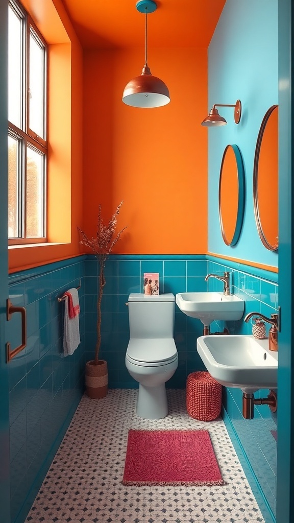 A vibrant bathroom featuring orange walls, blue tiles, and stylish decor.