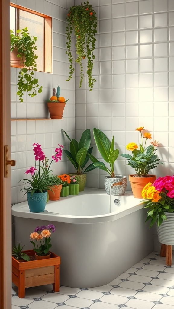 A colorful bathroom filled with various plants and flowers, enhancing the decor.