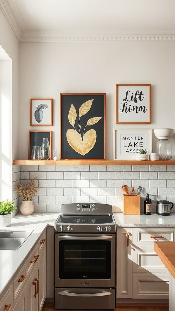 A stylish kitchen with artistic wall art, featuring framed prints and a modern stove.