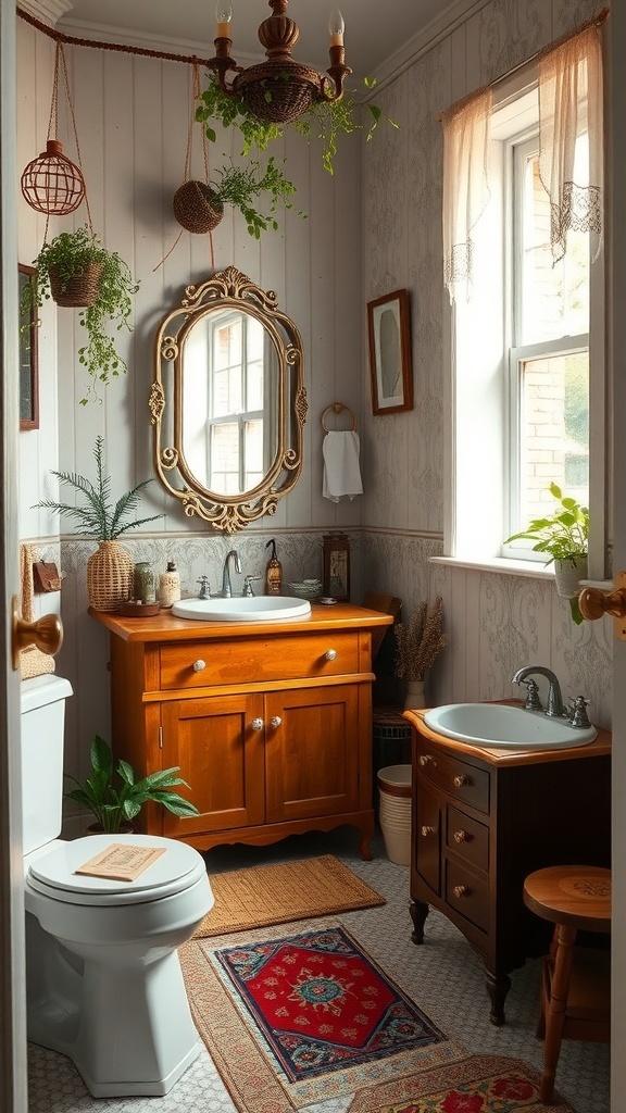 A cozy bohemian bathroom featuring vintage wooden furniture, a decorative mirror, and plants.