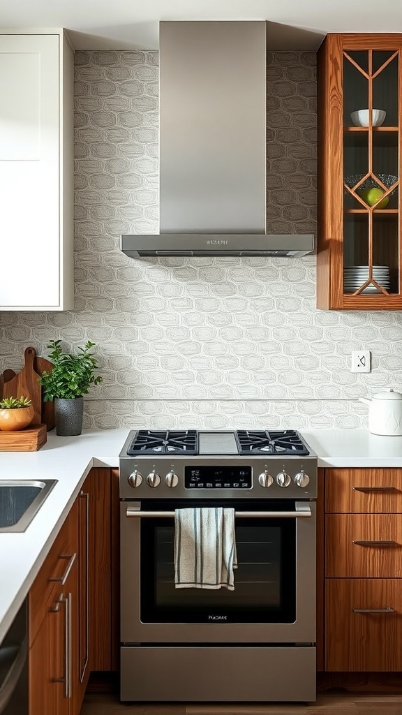 A modern kitchen featuring textured 3D tiles as a backsplash, complemented by wood cabinets and stainless steel appliances.