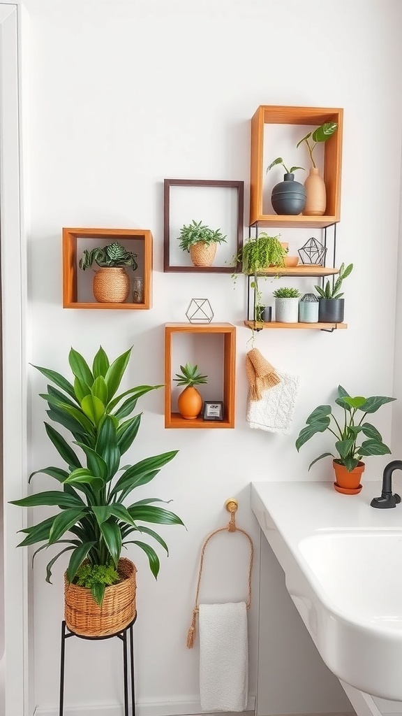 Creative wall shelves in a bathroom with plants and decorative items