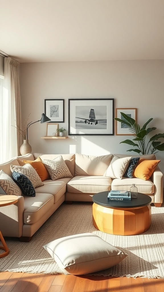 A cozy industrial farmhouse living room featuring a comfortable overstuffed sectional sofa with colorful pillows, a round wooden coffee table, and framed artwork on the walls.