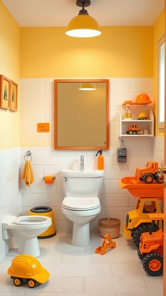 A bright yellow bathroom decorated with construction-themed toys and accessories.