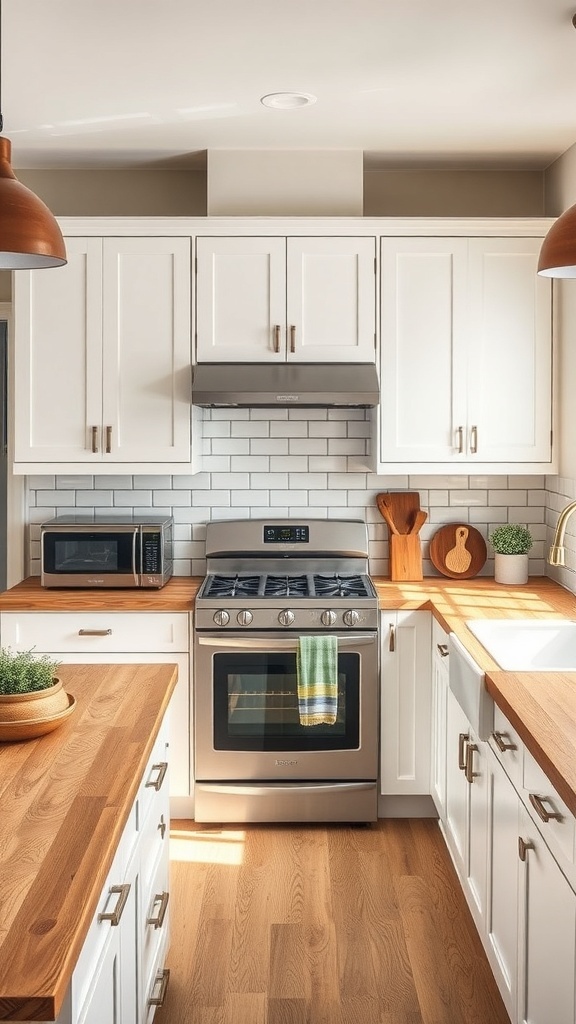 A modern farmhouse kitchen featuring white cabinets, wooden countertops, and stainless steel appliances.