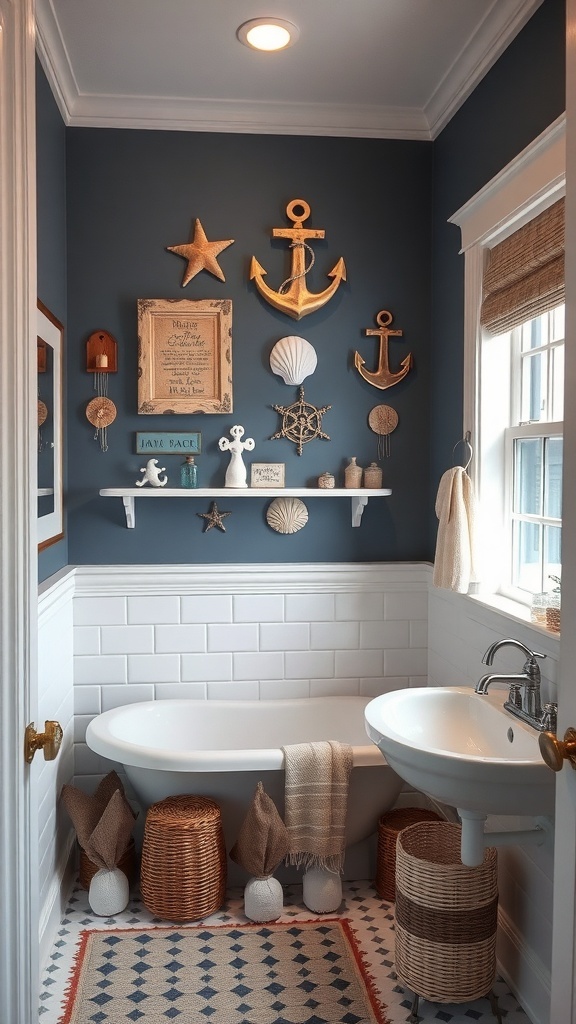 A cozy bathroom with nautical themed decor, featuring a blue wall, anchors, seashells, and woven baskets.