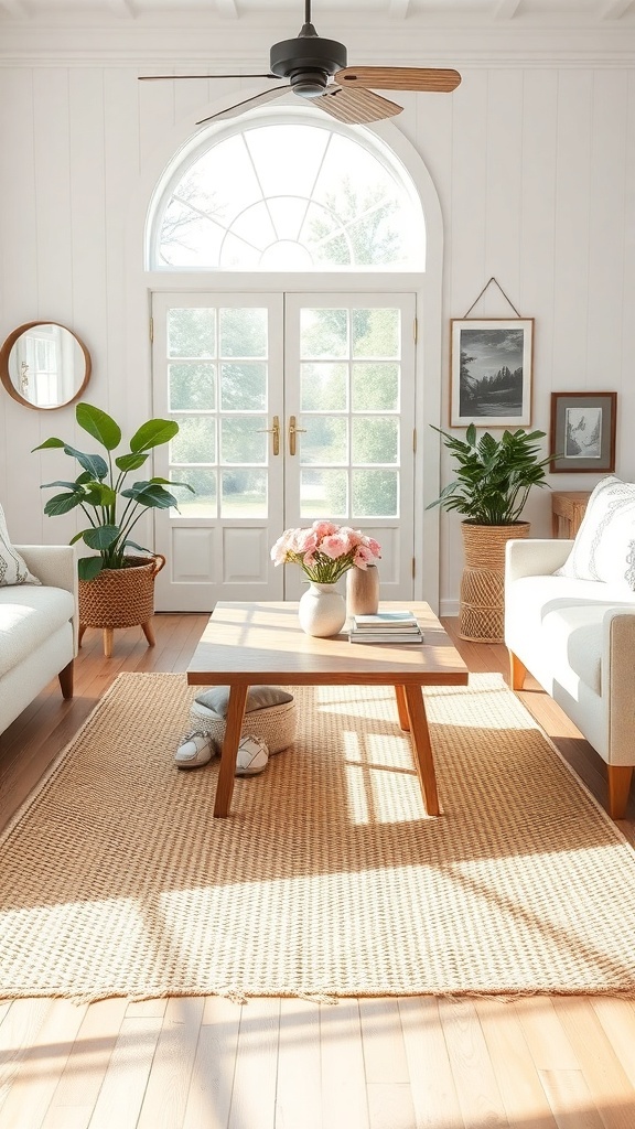 Cozy farmhouse living room with a natural fiber area rug, light wood flooring, and modern furniture.