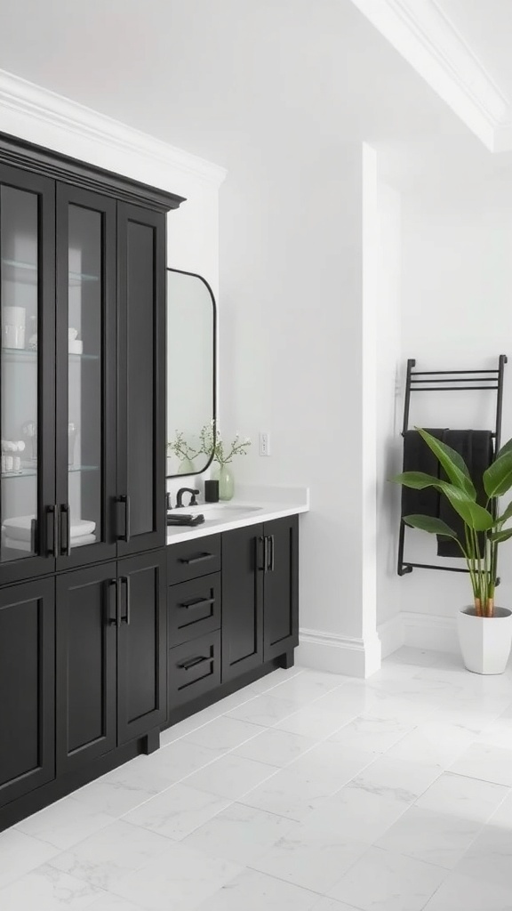 Modern bathroom featuring sleek black cabinets, white countertop, and marble flooring.