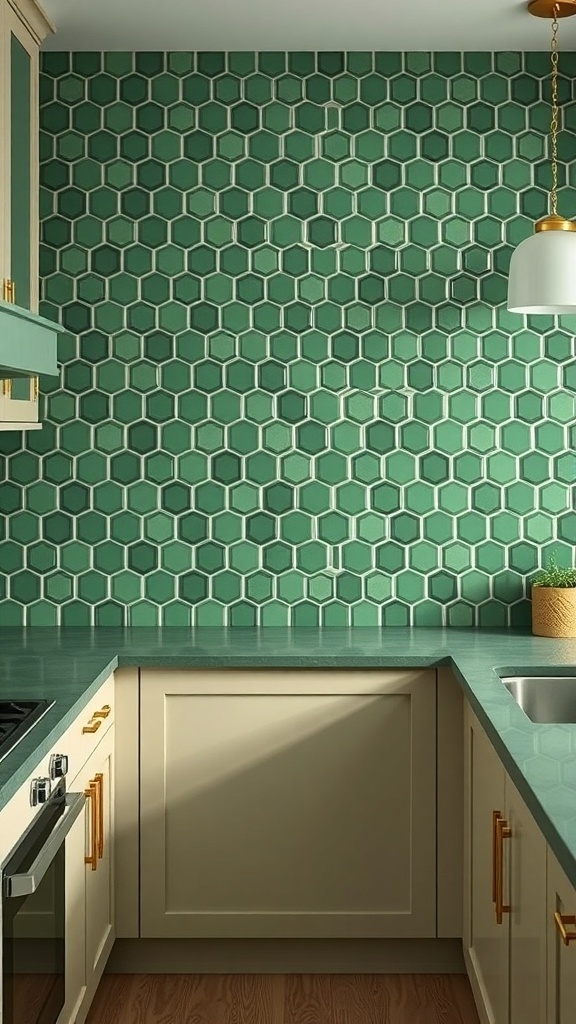 Kitchen with forest green hexagon tiles as backsplash, featuring sage green cabinets and a modern design.