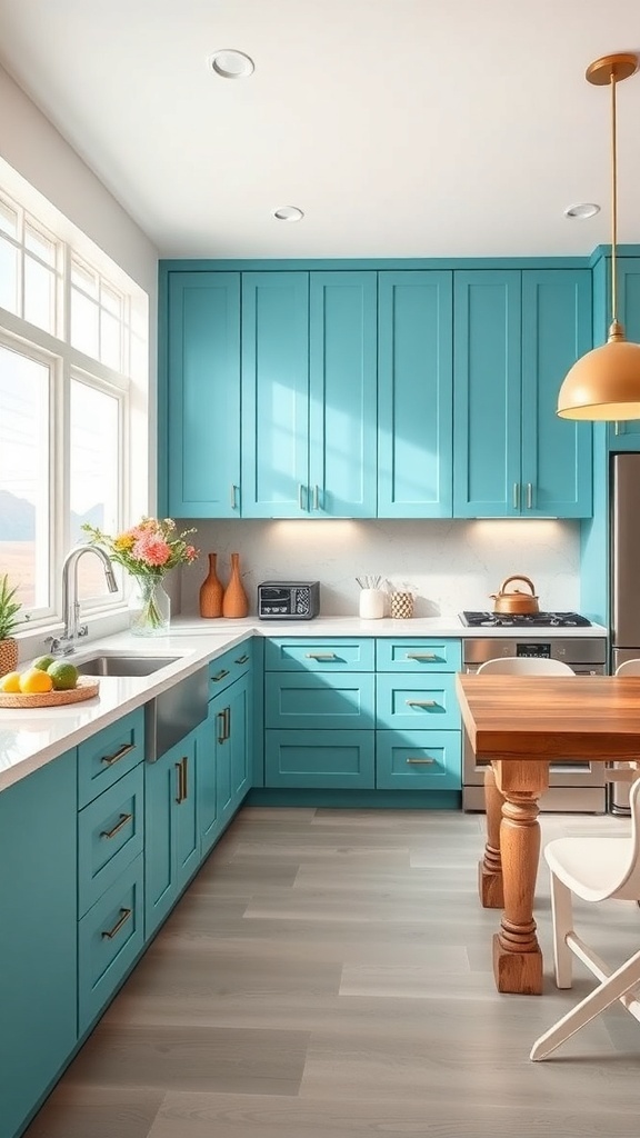 Modern kitchen with turquoise cabinets and gold hardware