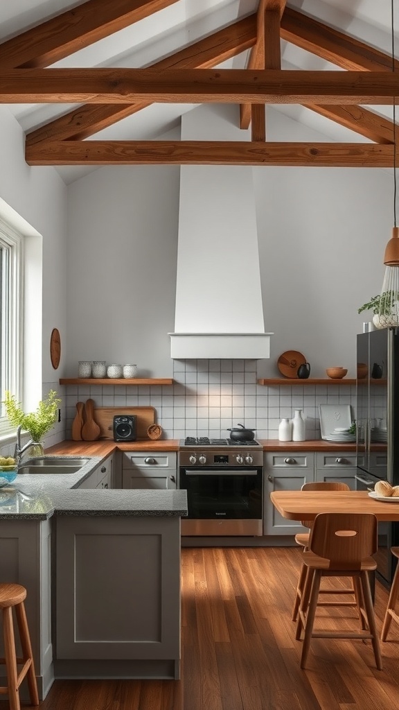 A stylish kitchen featuring wooden beams, gray cabinetry, and warm wooden flooring.