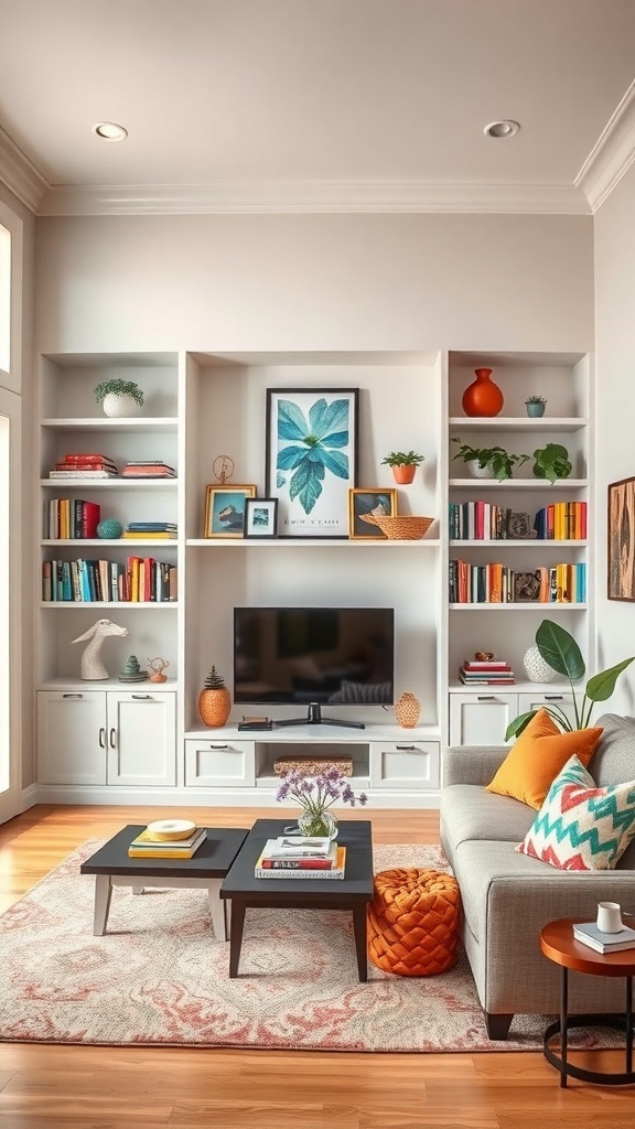 Living room with open shelving displaying books and decorative items.