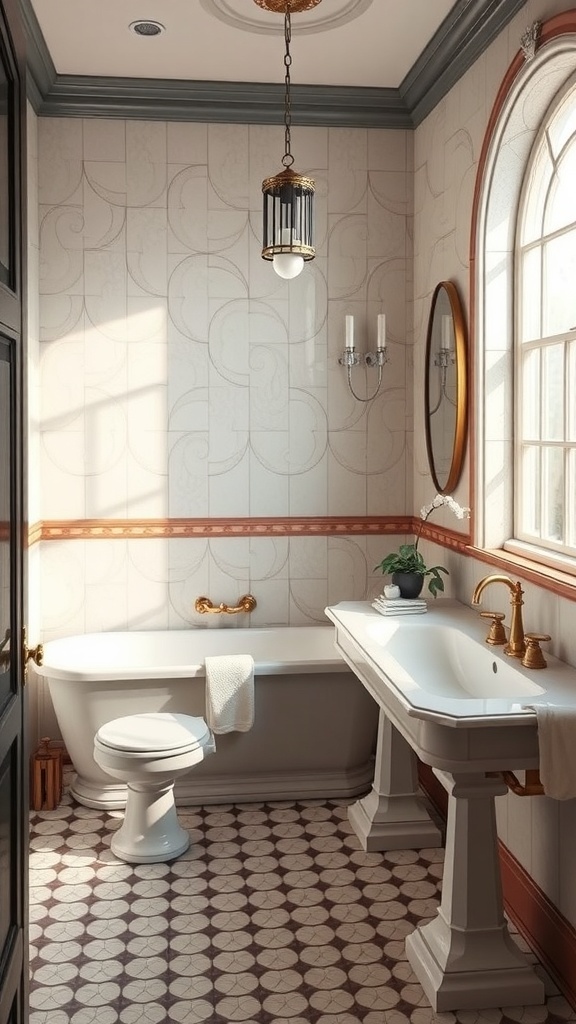 A vintage bathroom featuring Art Deco influences with a bathtub, sink, and elegant fixtures.