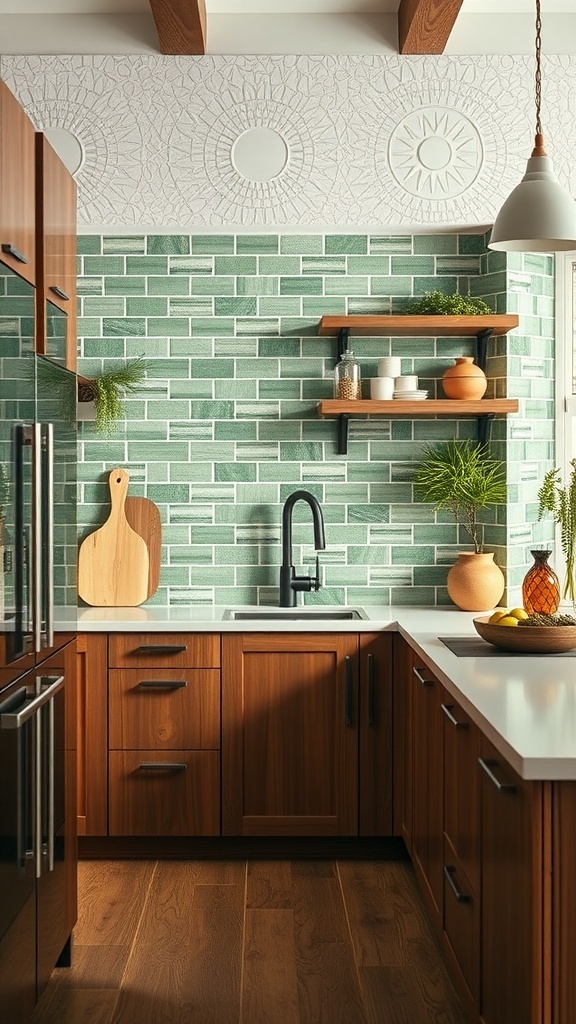 A modern kitchen featuring bamboo green tiles as a backsplash, with wooden cabinets and shelves.