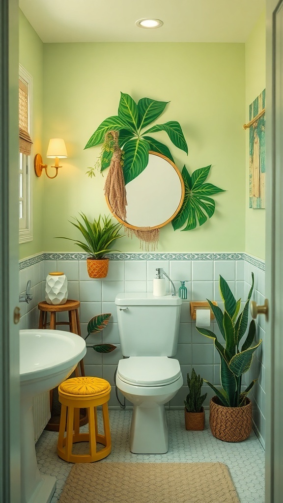 A tropical-themed bathroom with light green walls, large leaves, and colorful decor.
