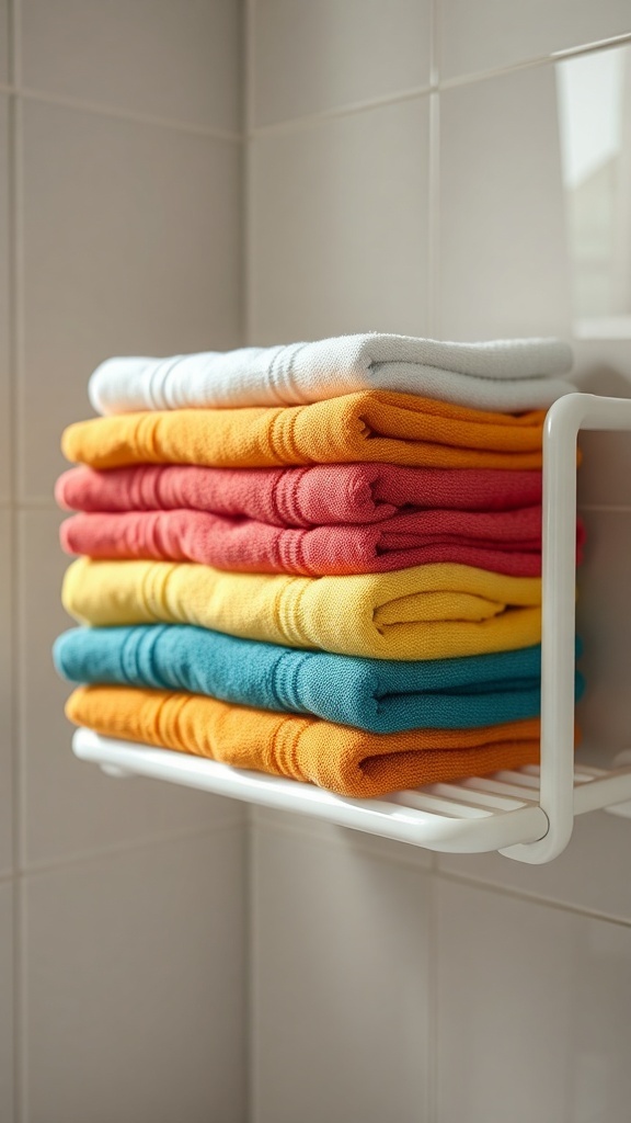 A stack of colorful towels in pink, orange, yellow, and blue on a white shelf