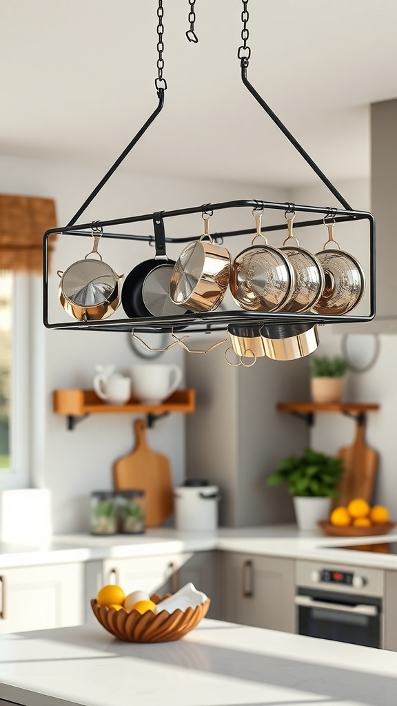 A stylish black pot rack hanging in a modern kitchen with gold pots and a bowl of lemons on the counter.