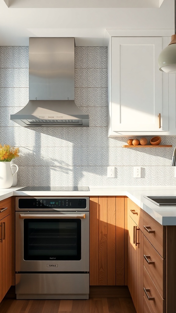 A modern kitchen featuring a metallic backsplash and wood cabinets.