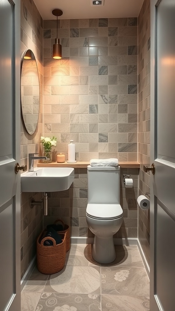 A compact bathroom featuring neutral tiles, a round mirror, a pendant light, and a wall-mounted sink.