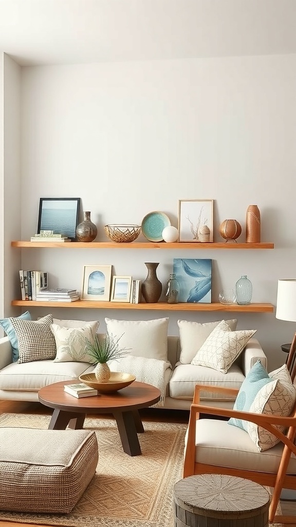 A coastal farmhouse living room featuring open shelving displays with decorative items and a cozy seating area.
