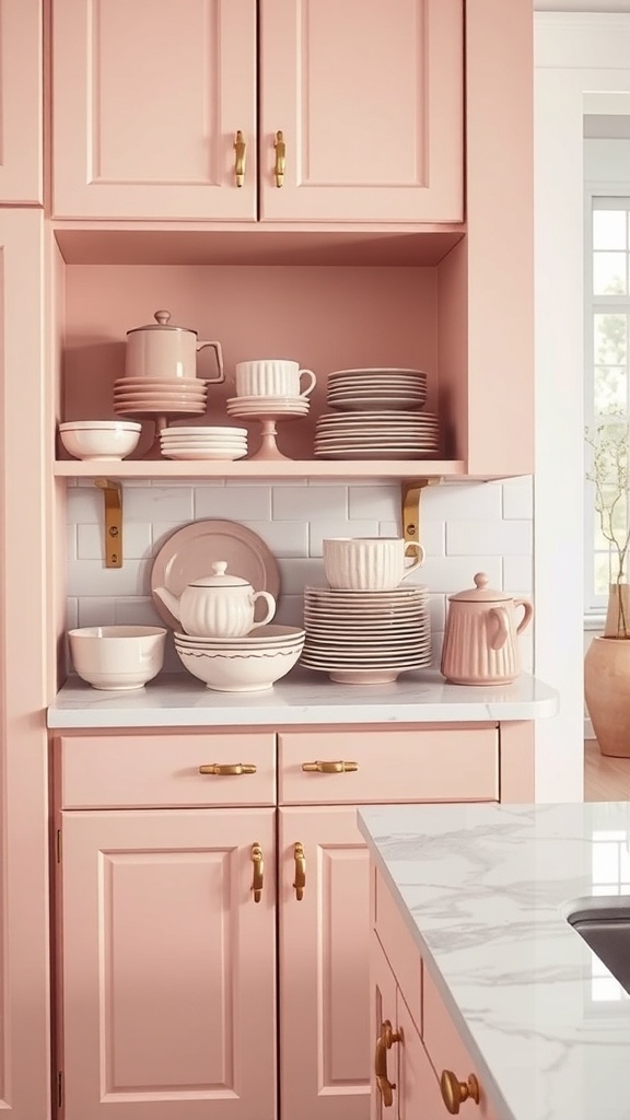 A cozy kitchen featuring dusty rose kitchenware, including plates, cups, and pots, arranged on pink cabinets.
