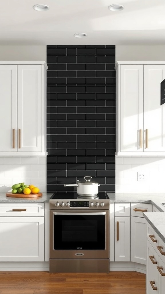 Modern kitchen with satin black ceramic tile backsplash and white cabinets