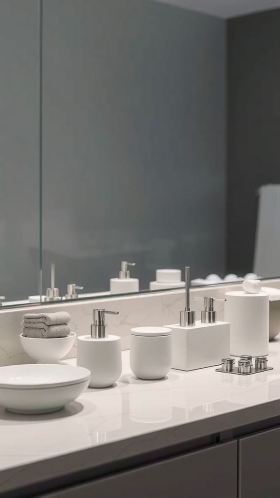 Modern bathroom accessories on a countertop, featuring white containers and neatly stacked towels.