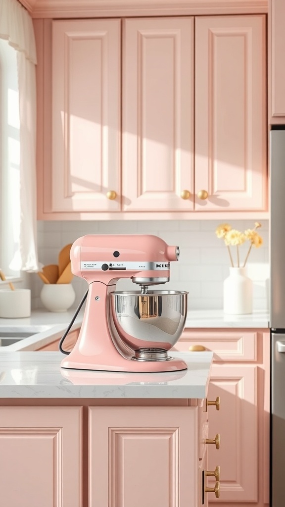 A pink mixer on a kitchen counter with pink cabinets in a bright, cozy kitchen setting.