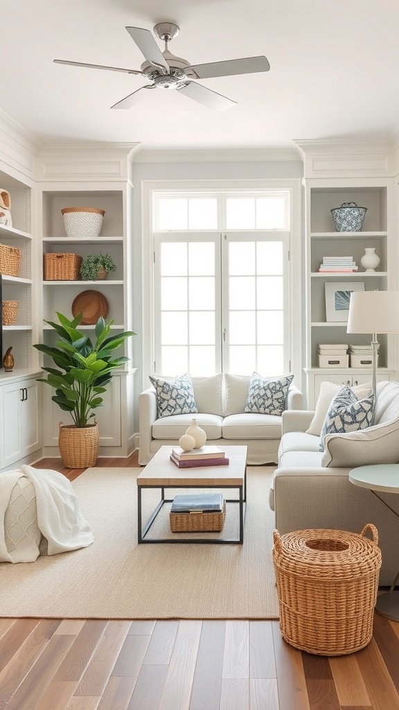 A bright coastal farmhouse living room with functional storage solutions, featuring built-in shelves, woven baskets, and a cozy seating area.