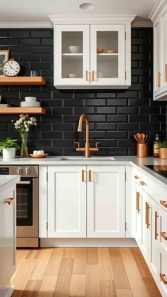 A kitchen featuring a black shiplap backsplash, white cabinets, and copper accents.