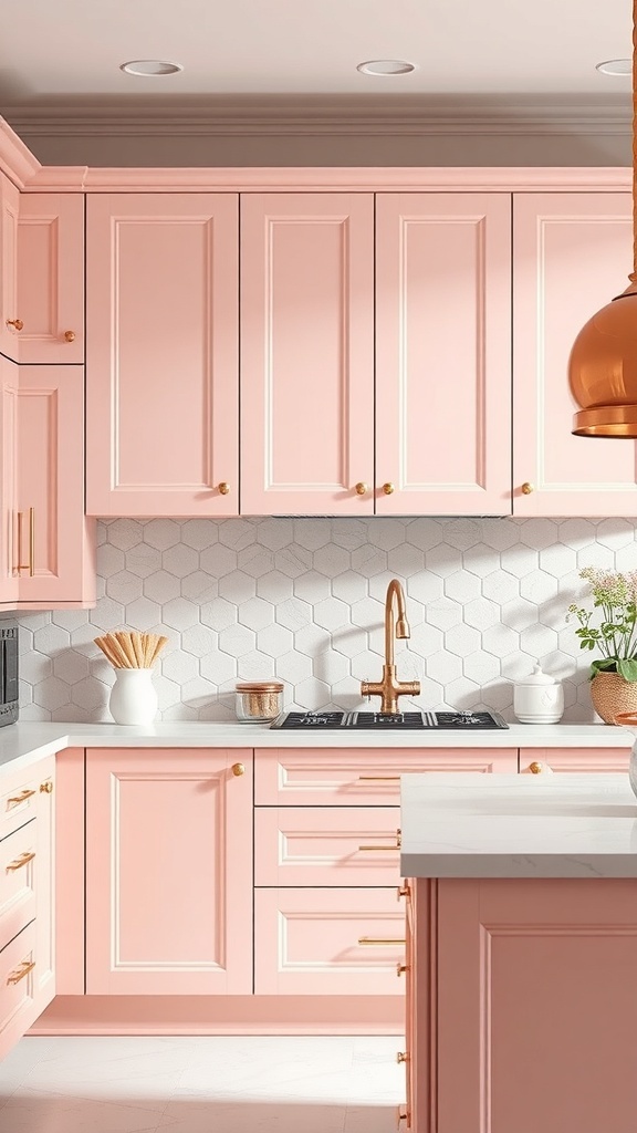 A modern pink kitchen featuring rose gold accents, including cabinet handles and a faucet.
