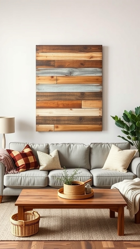 Rustic wood pallet wall art above a cozy living room couch
