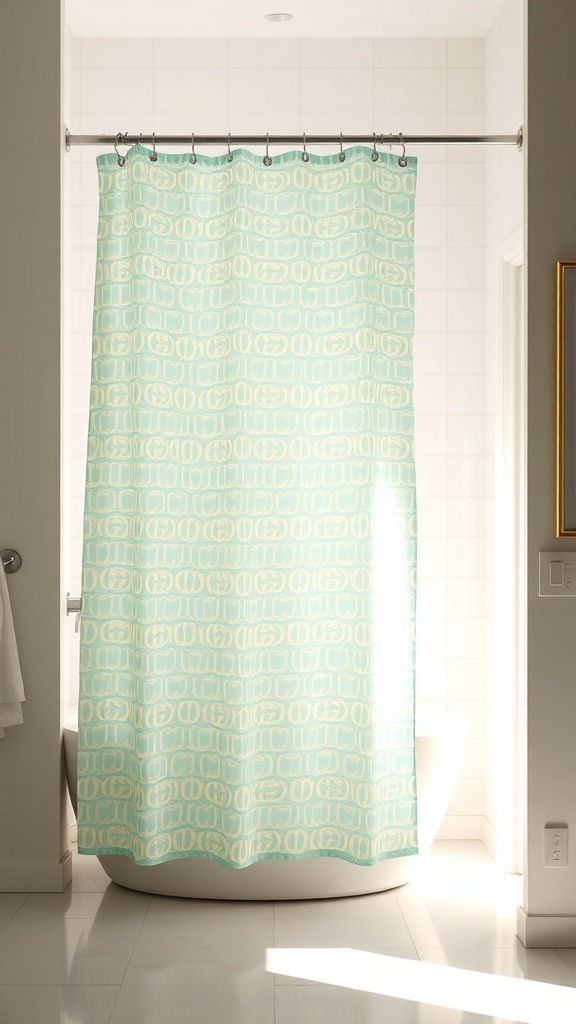 A mint-colored shower curtain with a playful pattern in a modern bathroom setting.
