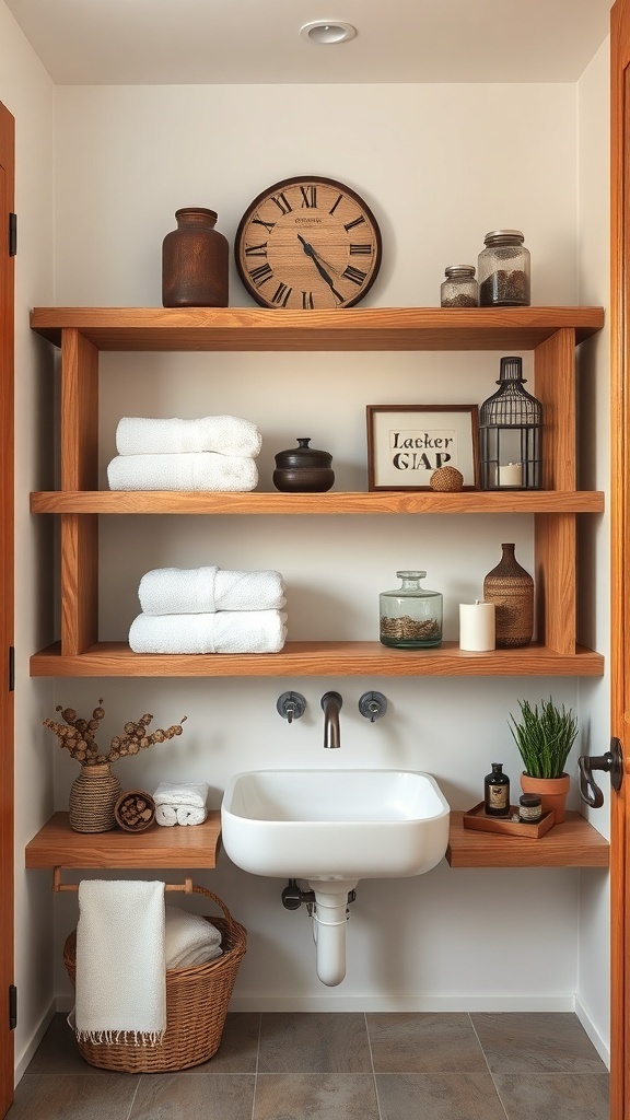 Modern farmhouse bathroom with open shelving displaying towels and decorative items