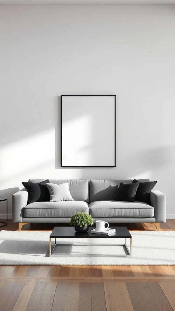 A minimalist living room featuring a gray couch with black and white pillows, a black-framed empty canvas above, and a coffee table with a small plant.