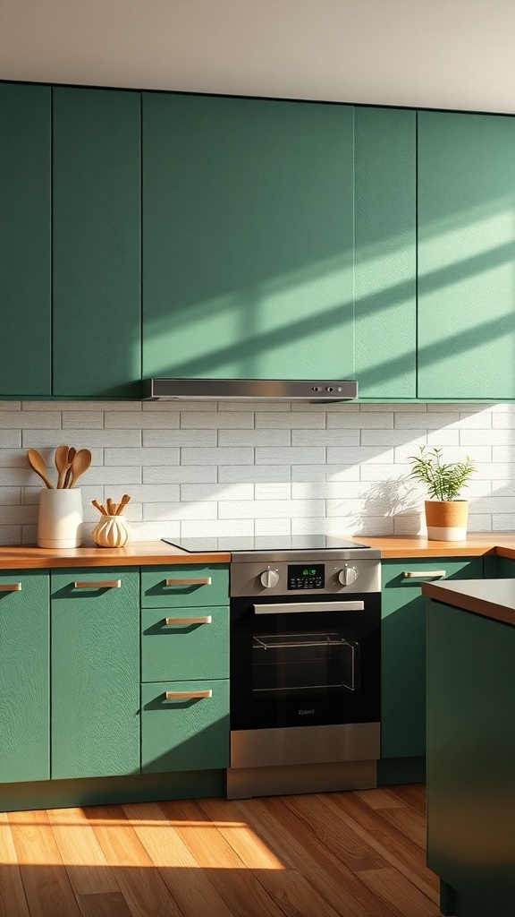 Modern kitchen with textured green cabinets and wooden countertop