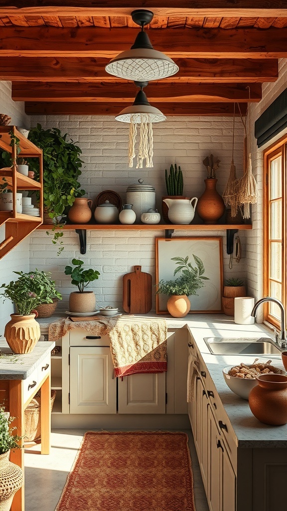 A cozy boho kitchen featuring handmade pottery, natural textiles, and plants, showcasing earthy modern style.