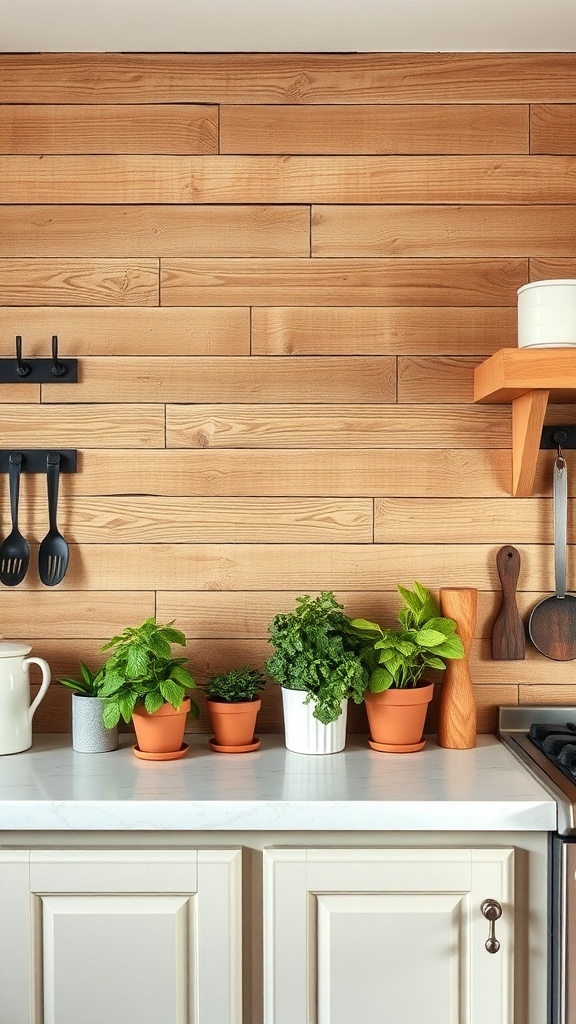 Reclaimed wood plank backsplash in a farmhouse kitchen with potted herbs on the countertop.