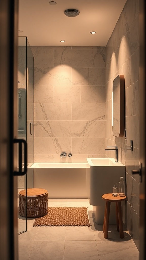 Modern bathroom with accent lighting highlighting marble tiles and sleek fixtures