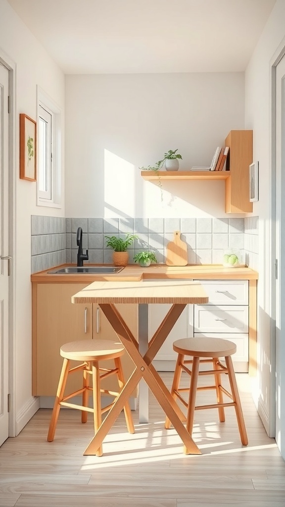 A bright and modern small kitchen featuring a compact kitchen island, light wood furniture, and wall-mounted shelves.