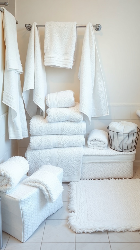 A collection of white towels and bathroom textiles, including stacked towels, hanging towels, and a cozy rug.