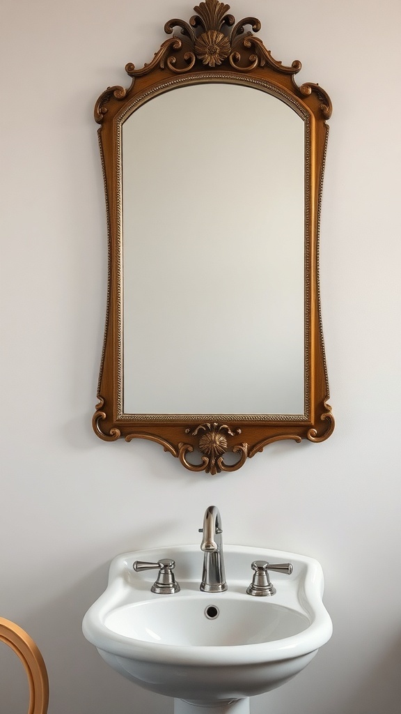 Decorative mirror with an ornate golden frame above a white sink