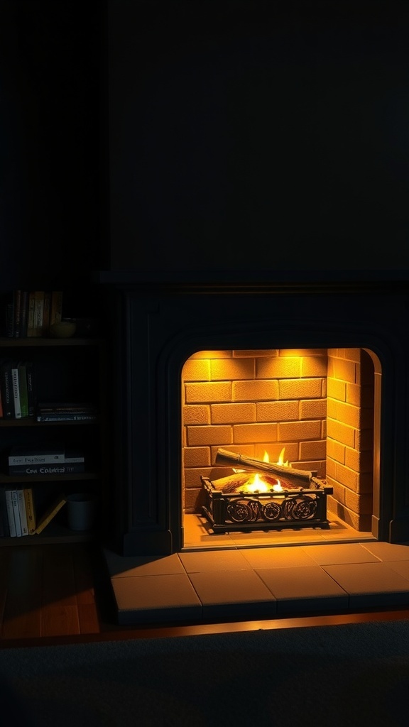 A cozy fireplace with warm lighting, showcasing a glowing fire and dark surroundings.