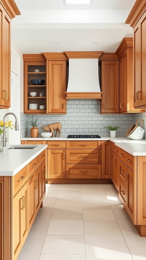 A kitchen featuring warm wood Shaker cabinets with a light countertop and backsplash.
