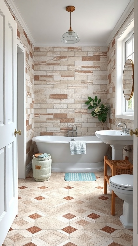 A rustic farmhouse bathroom featuring textured wall tiles and patterned floor tiles, with a bathtub and natural light.