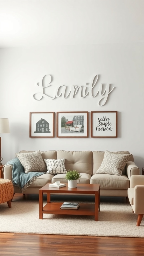 Personalized name art displayed above a couch, featuring the word 'Family' and framed pictures.