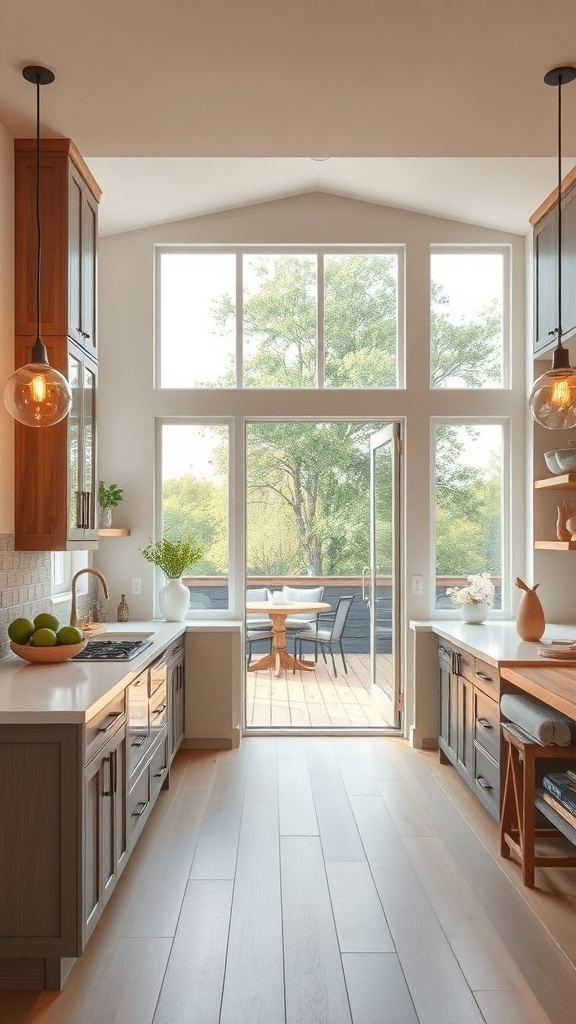 A modern farmhouse kitchen with large windows showcasing outdoor views.