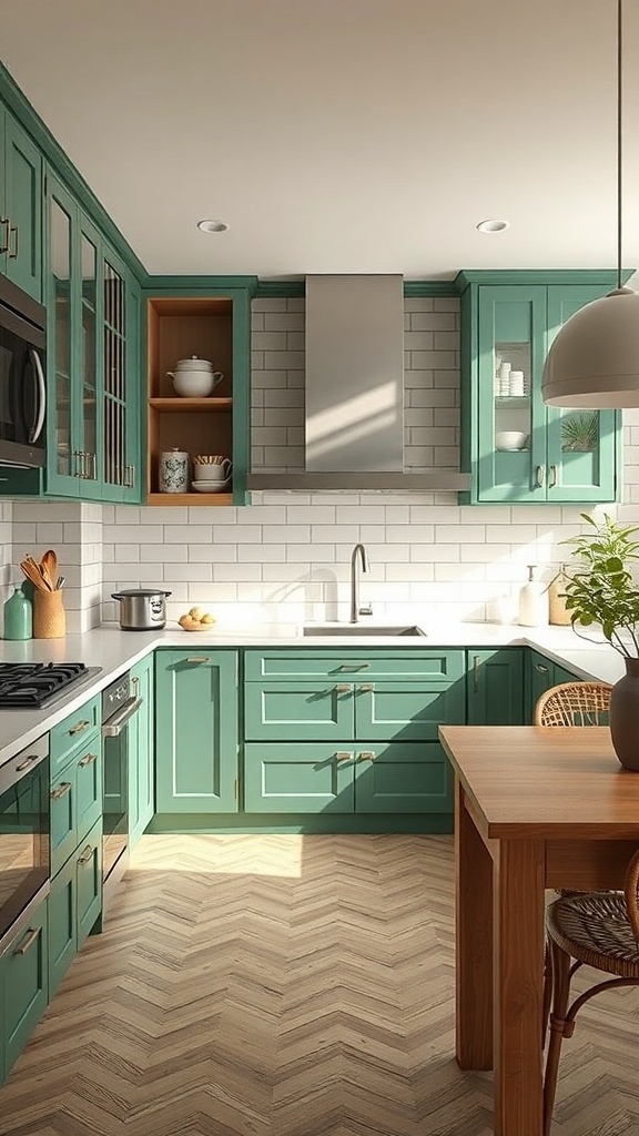 A modern kitchen featuring green cabinets with open-frame doors, showcasing a stylish and inviting design.
